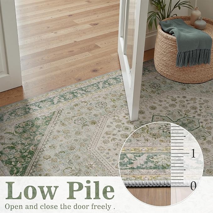 DCX Green 6x9 Area Rug, Machine Washable Non Slip Stain Resistant Vintage Rug for Living Room, Bedroom, Playroom, Soft Low Pile Large Nursery Carpet