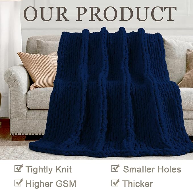 Chunky Knit Throw Blanket 50x60, 100% Handmade Chenille Yarn | 4.4lbs Soft Thick Cable Knitted Blankets, Large Rope Knot Crochet Throws for Couch Sofa Bed Machine Washable, Navy Blue