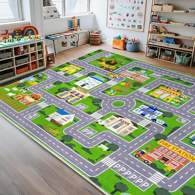 Car Rug Play Mat for Kids Toy Cars, City Road Traffic Playmat for Kid Bedroom, Non-Slip Machine Washable Kids Rugs for Learn and Have Fun 6'x9'/ 72"x108", Green