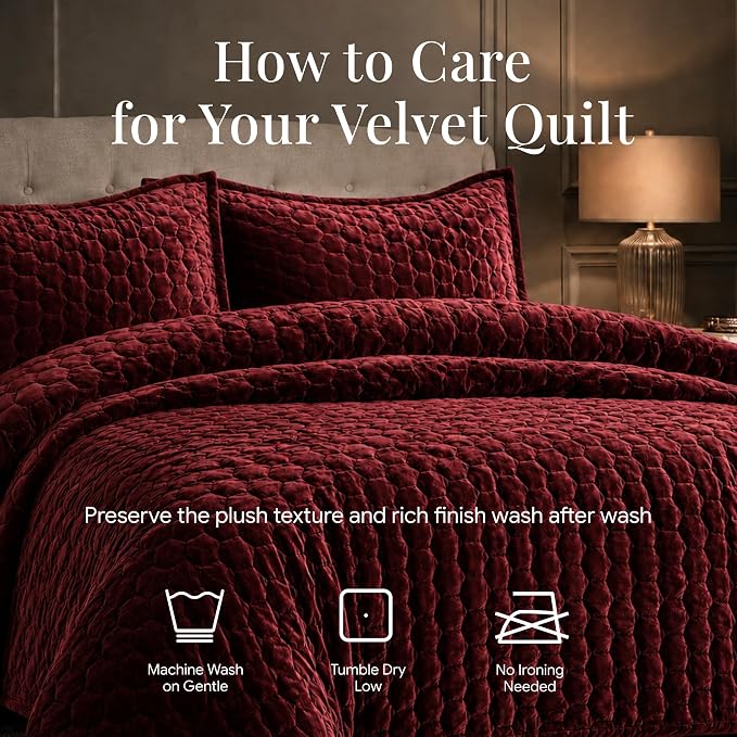 Tribeca Living Lugano Oversized Velvet Quilt and Sham Set | All Season, Extra Large, 3 Piece Velvet Queen Quilt Set with 2 Pillow Shams in Burgundy Honeycomb Pattern 260 GSM