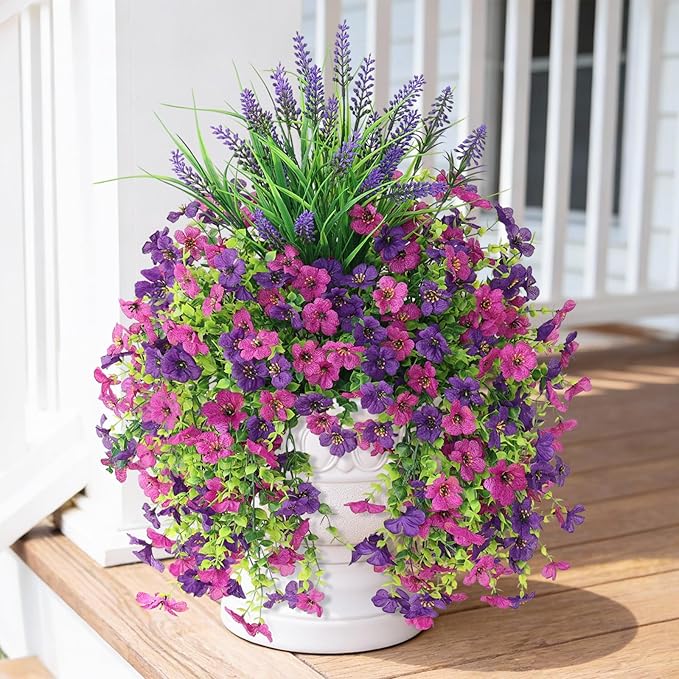 Artificial Fake Hanging Flowers Plants for Outdoor Outside Decoration, Faux Silk Daisy Flower Realistic UV Resistant for Front Porch Patio Balcony Garden Yard Indoor Planter Home Decor(Purple)