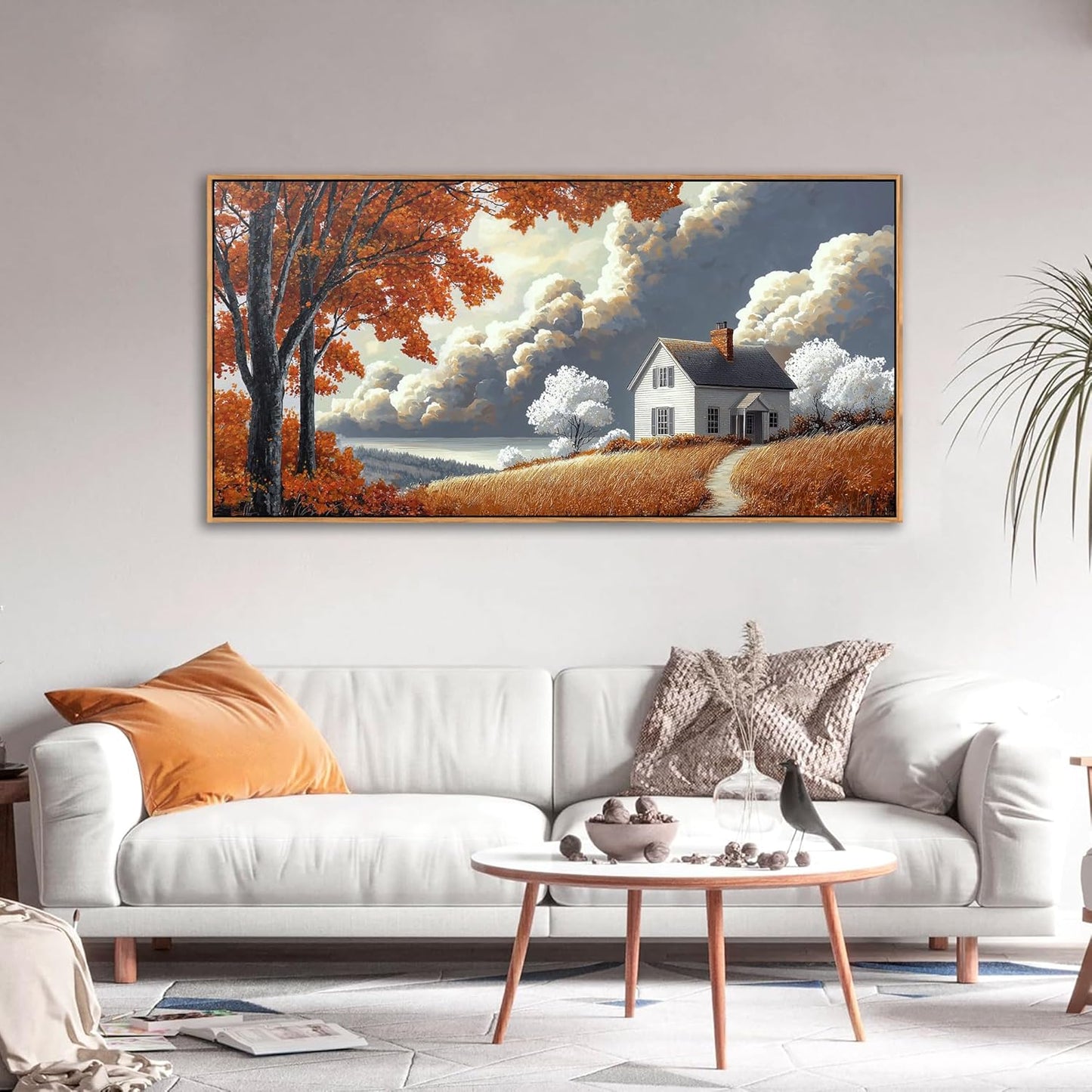 QZQCBLC Orange Landscape Wall Art, Large Abstract White Clouds Houses Scenery Gallery Pictures Farmhouse Canvas Painting Framed Artwork for Living room Bedroom kitchen Home Office Decor 24x48 IN
