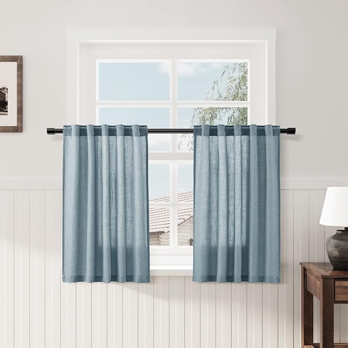 Light Blue Linen Kitchen Curtains 24 Inch Length Cotton Linen Blend Light Filtering Short Tier Curtain with Rod Pocket Back Tab for Small Windows Cafe Retro Bathroom Vintage 2 Panels RV 36Wx24L