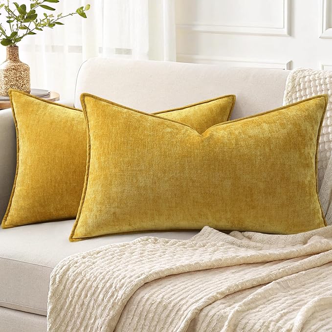 decorUhome Summer Couch Throw Pillow Covers 12x20 Set of 2, Decorative Soft Velvet Modern Cozy Chenille Lumbar Pillow Cases with Elegant Design for Sofa Bed Living Room Home Decor, Mineral Yellow