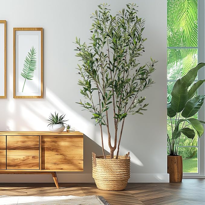 Erimda 7FT Artificial Olive Tree Tall Faux Silk Plant Tall Faux Olive Tree with Natural Wood Trunk & Lifelike Fruits Fake Potted Tree or Home Office Decor