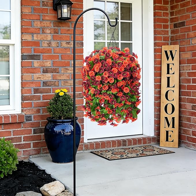 INXUGAO Artificial Flowers with Hanging Basket, Outdoor Faux Plants Silk Morning Glory Vines, Fake Green Arrangement for Garden Patio Spring Summer Decor(4pcs,Orange Brown)
