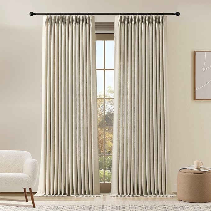 Pinch Pleated Linen Curtains 96 Inches Long for Living Room, Taupe Light Filtering Pleat Drapes Textured Thick Floor to Ceiling Semi-Sheer Window Curtain with Hooks for Bedroom Farmhouse, 2 Panels