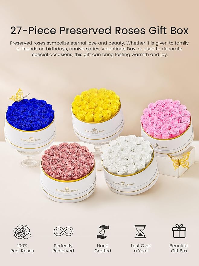 27 Preserved Roses Forever Flowers Real Roses in a Box Mother's Day Birthday Flowers for Her Mom Women Wife Valentine's Day, Yellow Roses