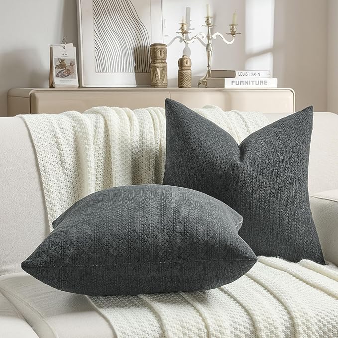 FUTEI Dark Grey Chenille Throw Pillow Covers 16x16 Inch Set of 2,Soft Striped & Diamond Textured Cushion Cases,Modern Home Decor for Couch Living Room