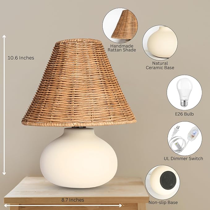 11" Small Table Lamp – Handmade Ceramic Cream Base with Wicker Rattan Shade, Dimmable Plug-in Nightstand Light for Bedroom, Kitchen Counter, or Small Spaces – Boho Japandi Organic Decor