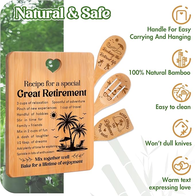 Retirement Gifts for Woman/Men 2026, Happy Retirement Bamboo Cutting Board Set for Colleagues, Coworker, Friend, Teacher, Boss, Parents, Family - Recipe for a Special Great Retirement.