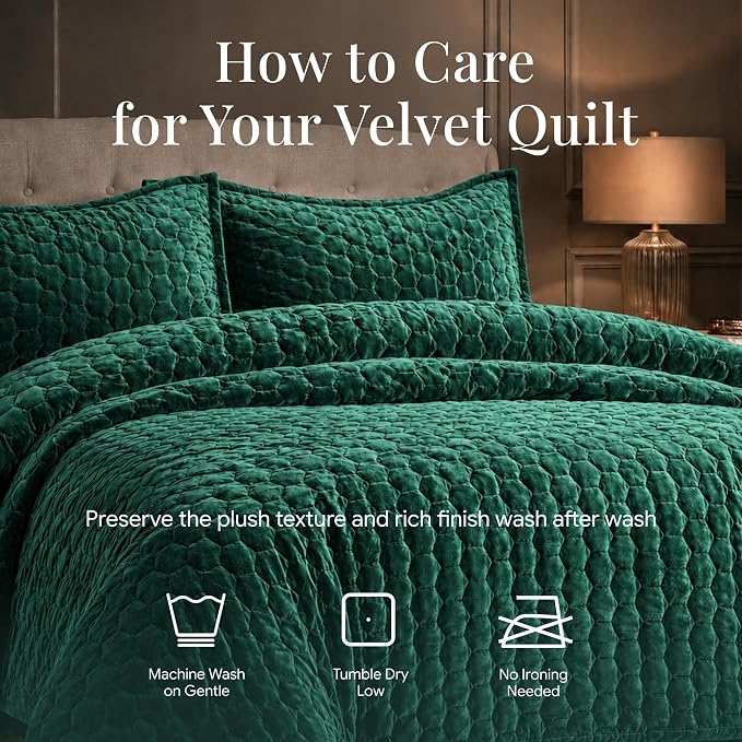 Tribeca Living Lugano Oversized Velvet Quilt Set - All Season, Extra Large, 3 Piece Queen Size Comforter Set with 2 Pillow Shams in Teal Honeycomb Pattern 260GSM