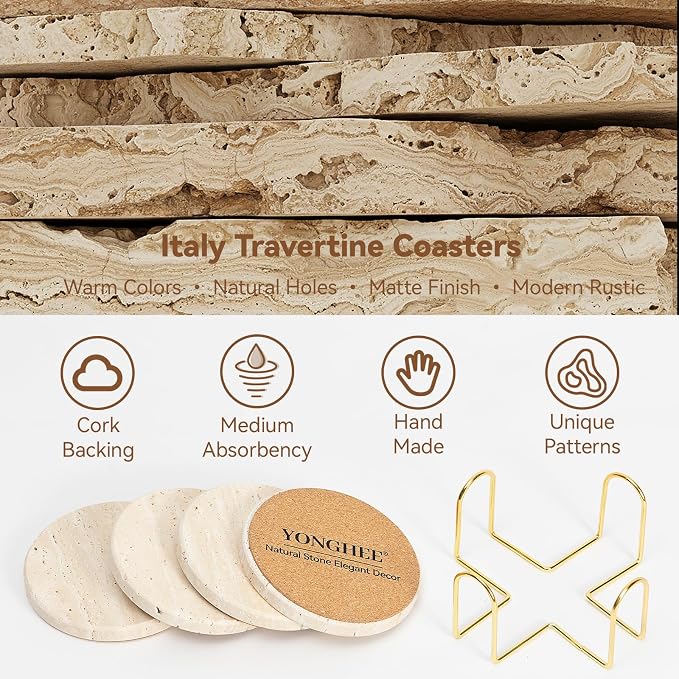 Travertine Marble Coasters with Holder, Set of 4 Elegant Rustic Farmhouse Coasters for Drinks, Neutral Warm Beige Stone Coaster for Any Home Decor, Gift Boxed for Housewarming Wedding Hostess