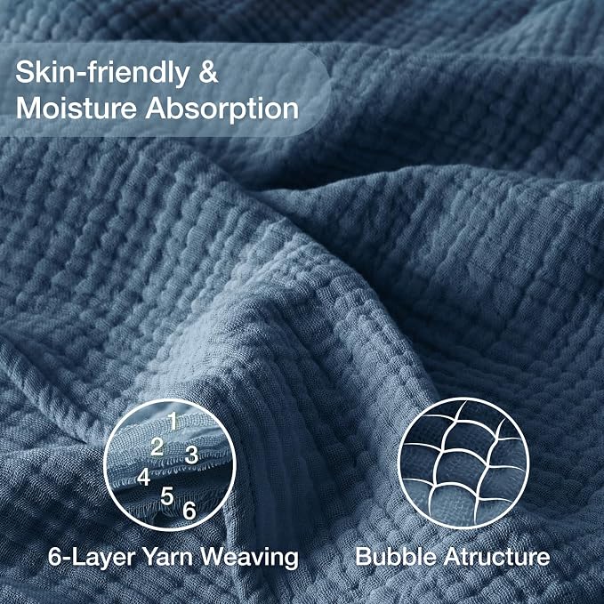 100% Cotton Muslin Blanket Queen 90" x 90", 6 Layers Breathable and Lightweight Cotton Throw Blanket for Bed, Soft Quilt Bedspread Coverlet, Gauze Blanket for Adults All Season, Blue