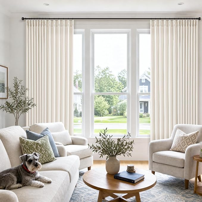70 Inch Wide Pleated Thick Linen Curtains 96 Inches Natural Warm Beige Light Filtering Privacy Burlap Curtains for Extra Wide Windows Pinch Pleat Semi Sheer Drapes for Living Room Balcony 8 FT 1 Panel