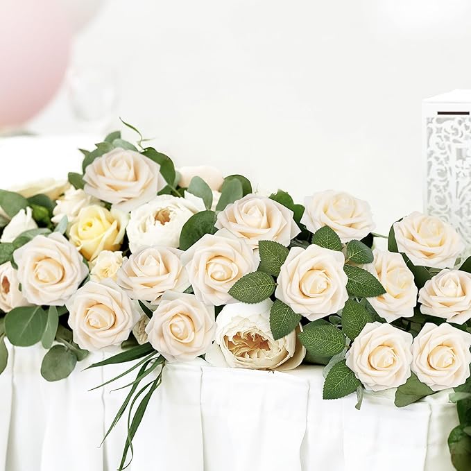 Mocoosy 50Pcs Rose Artificial Flowers, Cream White Fake Roses for Decoration, Real Touch Beige Foam Rose Bulk with Stem DIY Wedding Bouquet Bridal Shower Mother's Day Floral Arrangement Table Decor