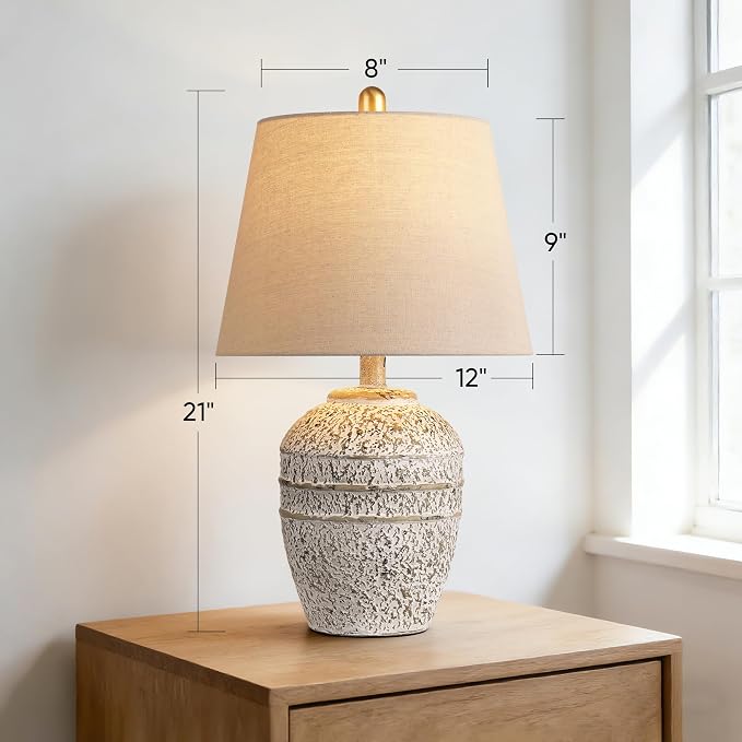 PARTPHONER Rustic Farmhouse Ceramic Table Lamp for Living Room Bedroom, Modern Bedside Lamp with Linen Shade, Natural Distressed Earth Tone Finish Table Lamp for Night Stands, Dining, Office, Grey
