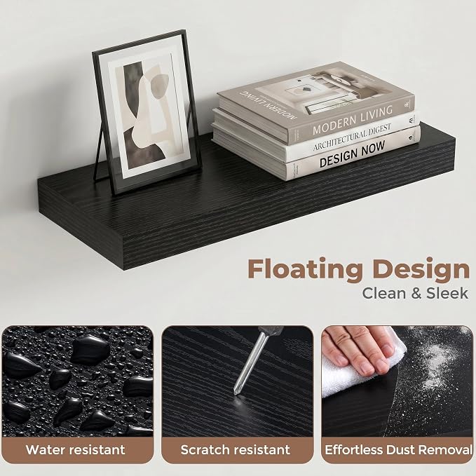 Venusmiles Floating Shelves for Wall, 16 Inch Floating Shelves Set of 2, 6.5" D Wooden Wall Mounted Display Shelves with Invisible Brackets for Living Room, Bedroom, Bathroom, Kitchen Decor, Black