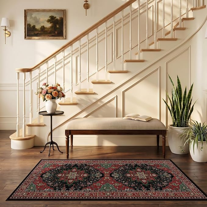 RELEANY Area Rugs Runner 2'6"x5' Washable Non-Slip, Floral Vintage Distress Medallion Carpet for Kitchen Hallway Bedroom Beside Laundry Room Bathroom, Red Black