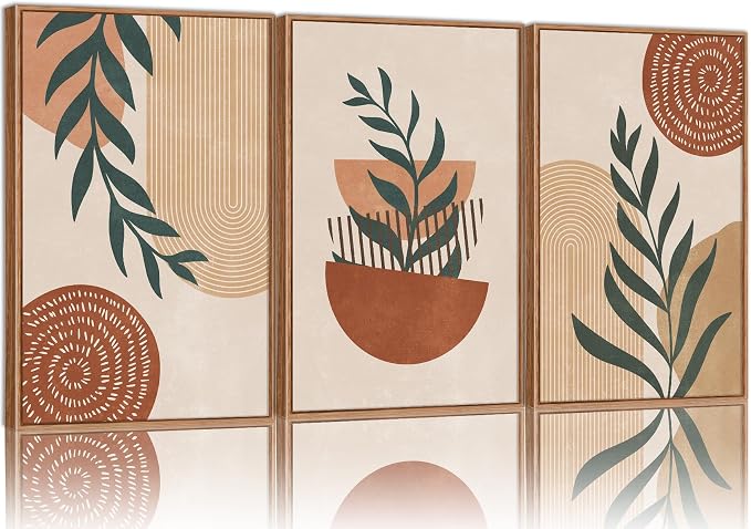 Rantodecor Large Boho Framed Canvas Wall Art Set of 3, Mid Century Modern Wall Decor, Bohemian Beige Geometric Line Art Paintings, Neutral Sage Green Leaf for Bedroom Living Room Office Home 24"x36"