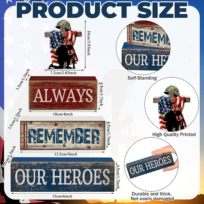 CroBlissful 4 Pcs Memorial Day Decorations 4th of July Patriotic Tabletop Decoration Red White Blue Table Centerpieces Alway Remember Our Heroes Sign for Tiered Tray Home Shelf 250th Anniversary