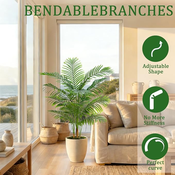 Artificial Palm Tree Indoor Plant 5FT Tall Fake Tropical Palm Tree in Pot, Real Bark Design Faux Areca Palm Tree for Home Office Living Room Bedroom Farmhouse Modern Outdoor Topiary Tree