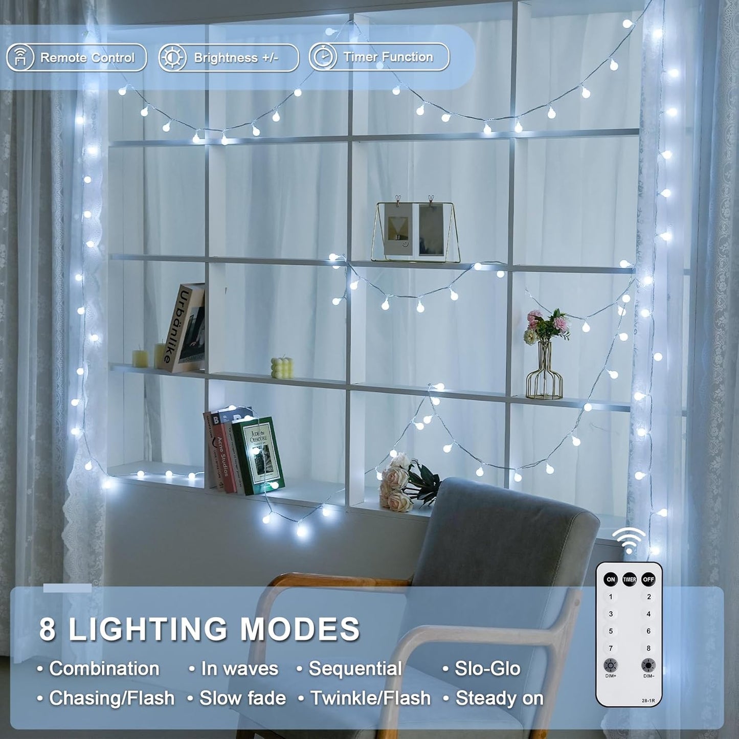 JMEXSUSS 100 LED Connectable Globe String Lights Indoor, 33 ft White String Lights Plug in with Remote, 8 Modes White Christmas Fairy Lights for Bedroom Room Wedding Party Classoom Decor
