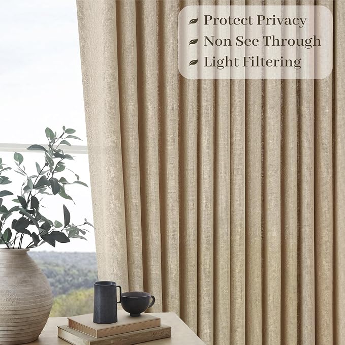 Neutral Linen Pinch Pleated Curtains 92 Inches Long for Living Room 2 Panel Set Cottage Core Cream Ivory Flax Double Pleated Drapes Back Tab Floor to Ceiling Semi Sheer Curtains for Dining Bedroom