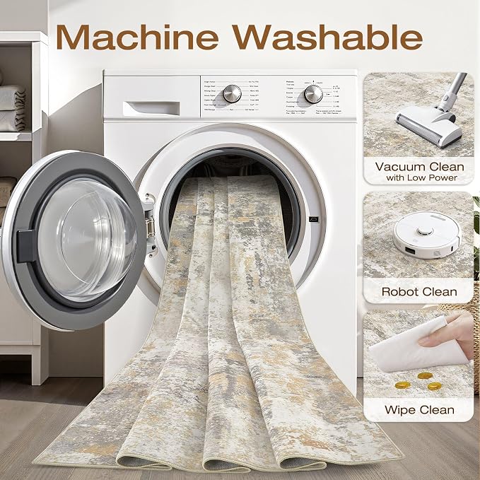 7x9 Area Rug Living Room: Washable Large Neutral Gray Gold Rugs Abstract Soft Modern Stain Resistant Indoor Floor Non-Slip Carpet for Bedroom Nursery Kids Office Playroom Dining Room Under Table Home