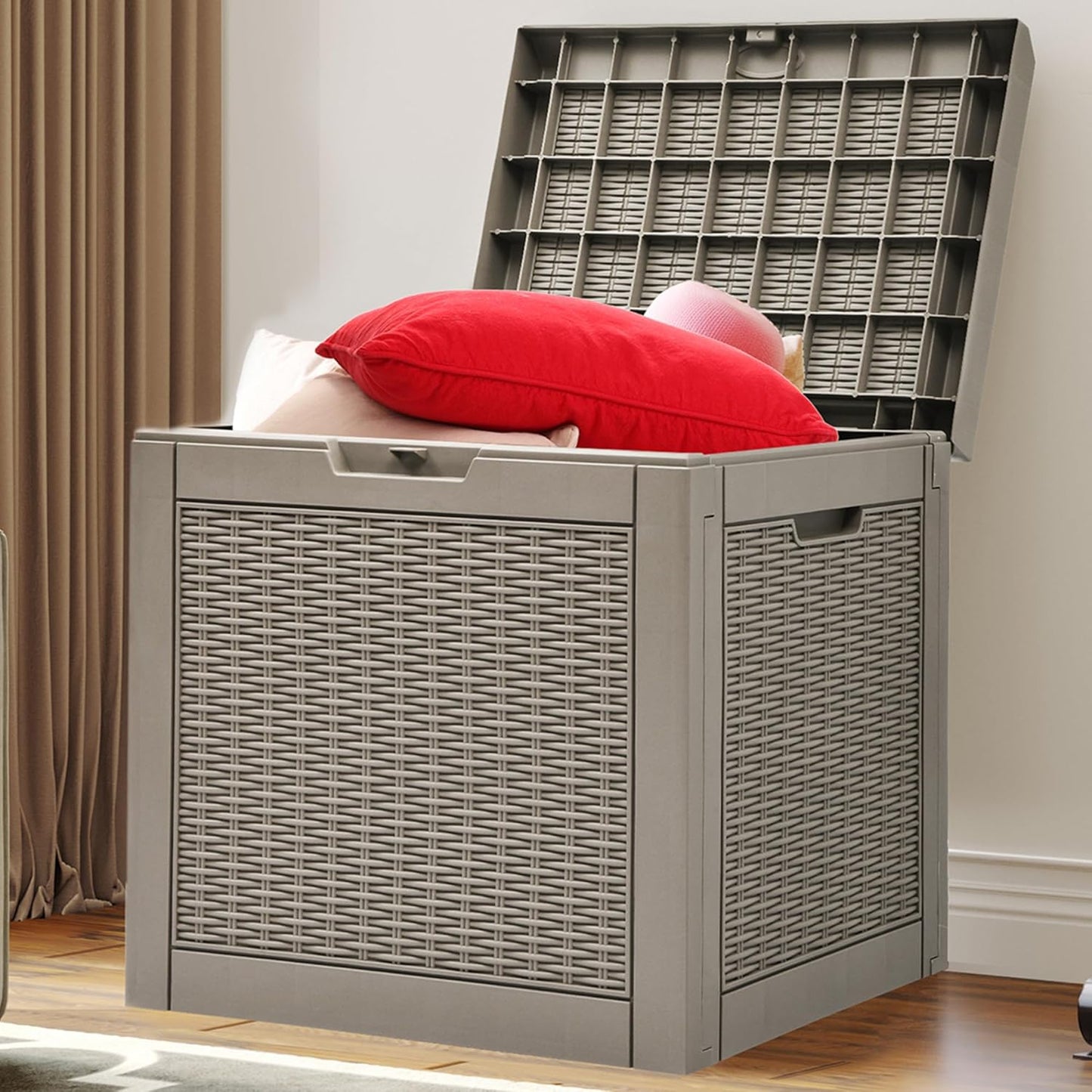 YITAHOME 32 Gallon Deck Box, Indoor Outdoor Storage Box for Patio Furniture, Pool Accessories, Cushions,Garden Tools,Sports Equipment, Waterproof Resin Rattan with Lockable Lid and Side Handles(Brown)