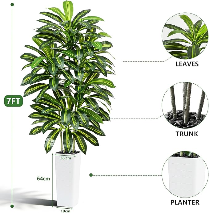 Artificial Dracaena Tree - 7FT Tall Fake Plants with White Tall Planter - Artificial Plants Indoor Floor Plant in Pot - Large Tropical Fake Yucca Potted Tree for Home Office Living Room Decor