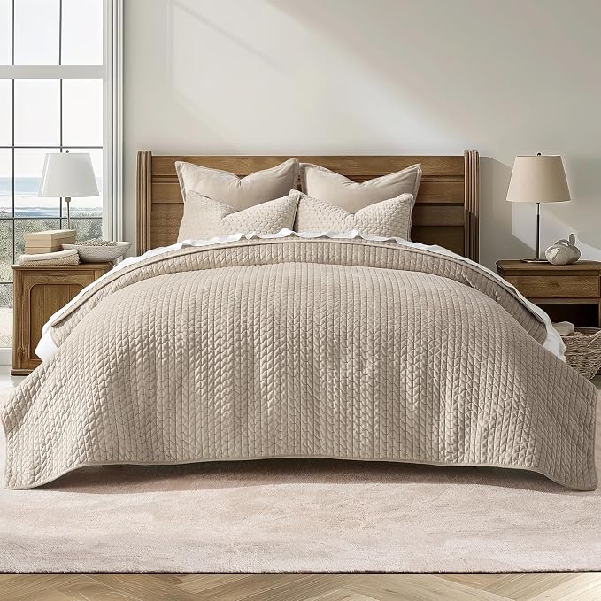 EverGrace Luxury Velvet Quilt Set Queen Size 3 Piece, Soft Cross-Stitch Velvet Comforter Set with Pillow Shams, Lightweight Coverlet Bedspread Bedding Set for All Seasons, Light Taupe