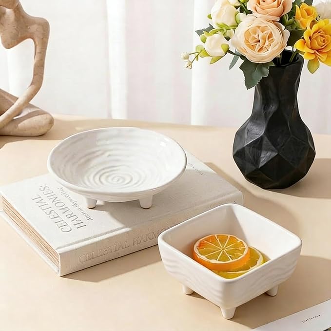 Small Decorative Bowl, 6” Ceramic Key Bowl for Entryway Table, Multi-Purpose Decorative Bowls for Candy, Jewelry and Home Decor（Retro White）