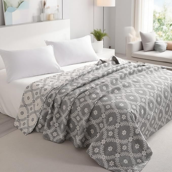 NTBAY 3 Layers Cotton Muslin 68x92 Twin Bed Blanket, Super Soft Breathable Thermal Yarn Dyed Quilt for Adults, Perfect Lightweight Blanket for Couch Sofa Bed All Seasons, Grey Garlands