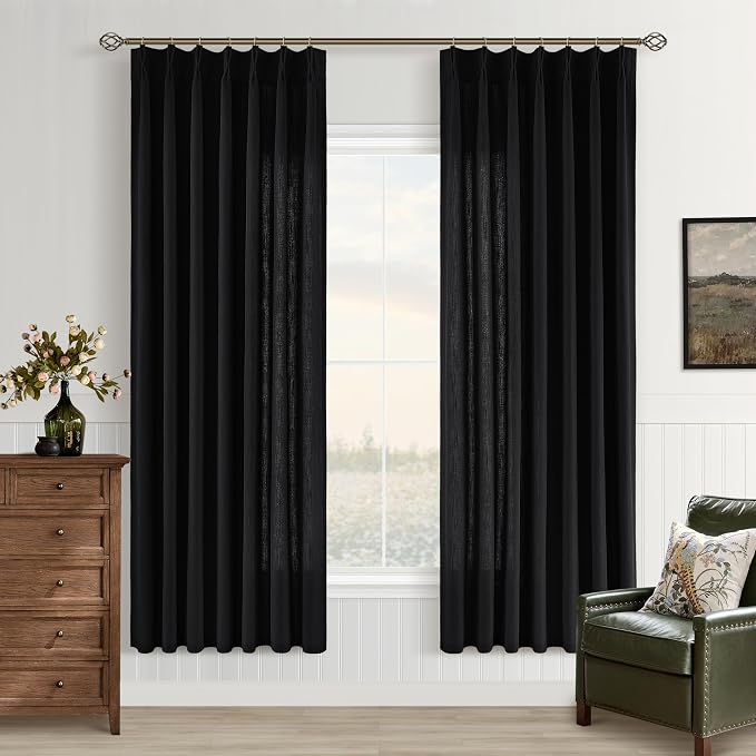 Black Pinch Pleated Semi Sheer Linen Curtains 72 Inch Long for Bedroom | Flax Faux Textured, Light Filtering Privacy, Bay Window Balcony, Hook Rings Memory Shape Pleat, Luxury Elegant, Room Divider