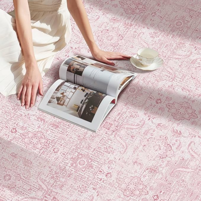 Rugxara 8x10 Area Rugs for Living Room Bedroom,Pink Large Washable Neutral Rug, Vintage Floral Retro Boho Non Slip & Low Pile Carpet for Indoor Dining Room, Classroom, Dorm, Nursery and Kids Room