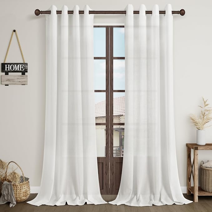 Off White Linen Curtains 84 Inches Long 2 Panels Set Grommet Semi Sheer Linen Drapes for Bedroom Light Filter Oat Ivory Cream Colored White Cotton Boho Window Curtain for Living Room 84 Inch Length