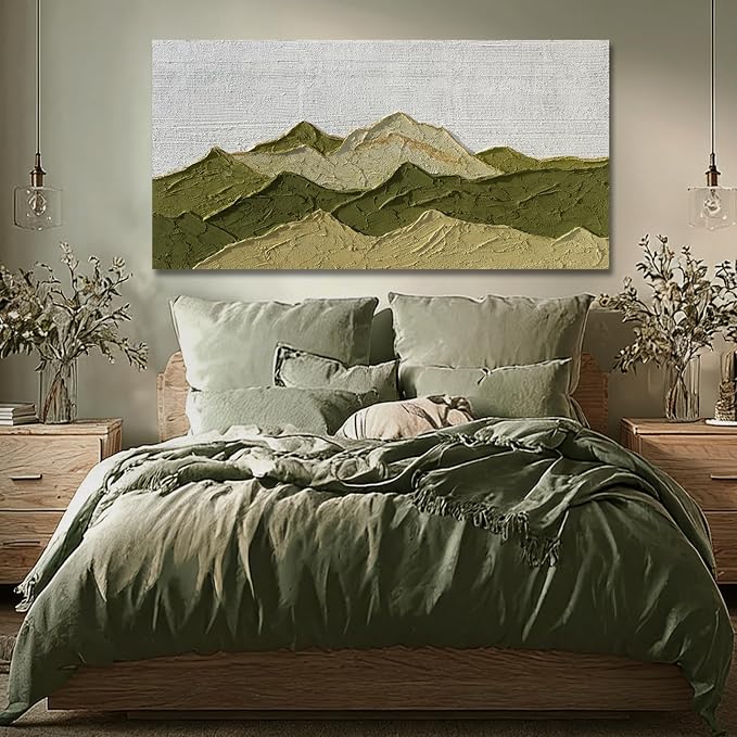 Dolidoteart Green Beige White Mountain Wall Art, Hand Painted Oil Painting on Canvas, Large Landscape Wall Decor for Living Room Bedroom Office, Horizontal 24x48 Inch