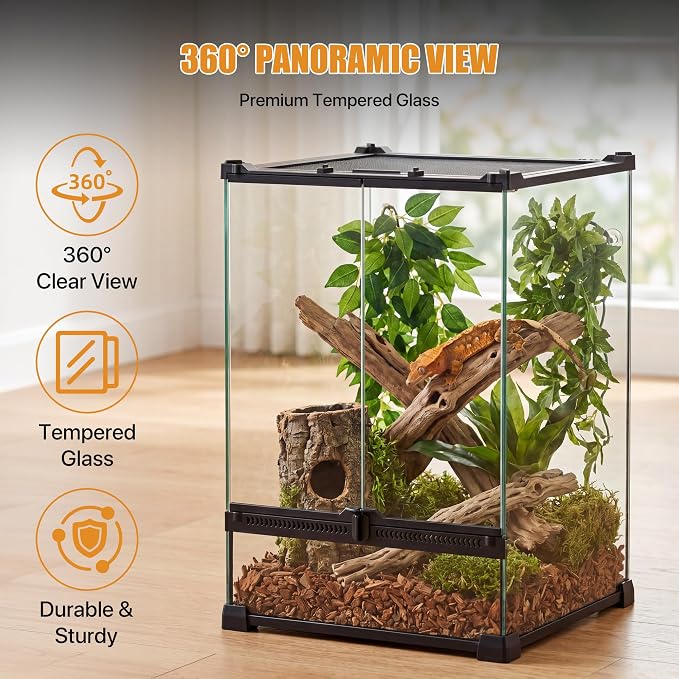 11 Gallon Fully Assembled Glass Reptile Enclosure,12"x 12" x 18" | Front Opening Tall Reptile Terrarium Tank for Crested Geckos, Tree Frogs & Other Arboreal Reptiles and Amphibians
