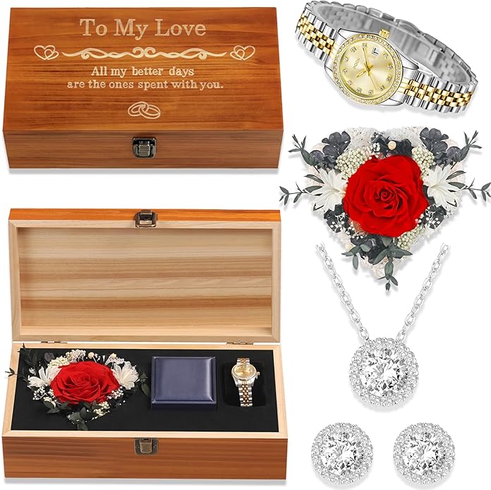 Birthday Gifts for Women-Preserved Roses Jewelry Set 925 Sterling Silver Necklace Earrings,Watches for Women,Wooden Jewelry Organizer-Mother’s Day, Anniversary,Thanksgiving,Christmas,Graduation Gifts
