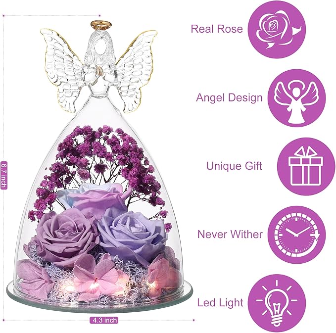 Mothers Day Rose Gifts for Women Preserved Real Flower in Glass Angel Figurines Roses for Delivery Prime Birthday Gifts for Mom Grandma Girlfriend Wife Her, Multi Purple
