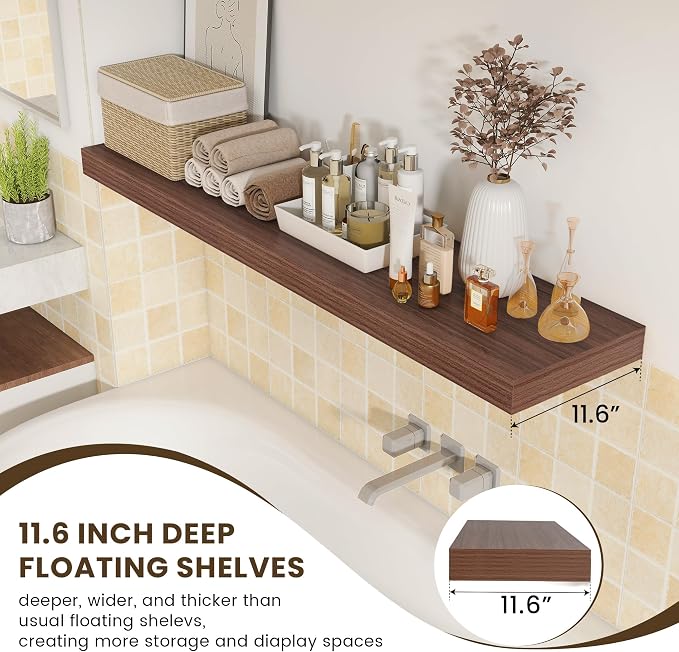 FLYJOE Deep Floating Shelves, 55 Inch Walnut Shelves Set of 1 | 12 Inch Deep Shelves for Wall, 55'' x 12'' Rustic Wood Shelves for Bathroom Living Room Laundry Room Kitchen
