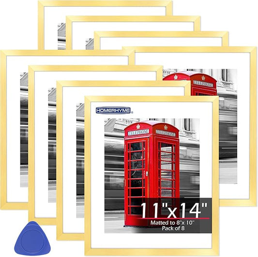 11x14 Picture Frame Set of 8, Gold Wall Gallery Hanging Photo Frames, Display Pictures 8x10 with Mat or 11x14 Without Mat, Poster Frames with Plexiglass for Home Office Wall Decor