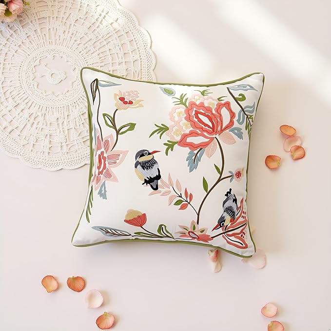 Embroidered Throw Pillow Covers 18x18 inch Pack of 2 Vintage Birds with Pink Flowers Farmhouse Pillow Cushion Cases Spring Summer Decorative Pillowcases Home Decor for Sofa Bed Living Room