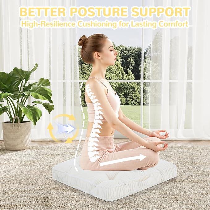 Meditation Floor Cushion, 24x24 Tufted Floor Pillow for Adults, Square Large Meditation Cushion Pillow, Corduroy Sitting with Handle, Yoga Seating for Tatami, Beige, 1Pack