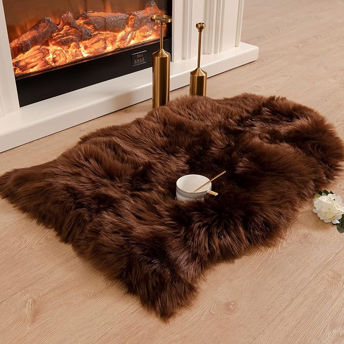 Carvapet Luxury Faux Sheepskin Chair Cover - Soft Plush Fur Seat Pad Skid-Resistant Fluffy Area Rug for Desk Armchair Bedroom Decor Brown 2x3 Feet