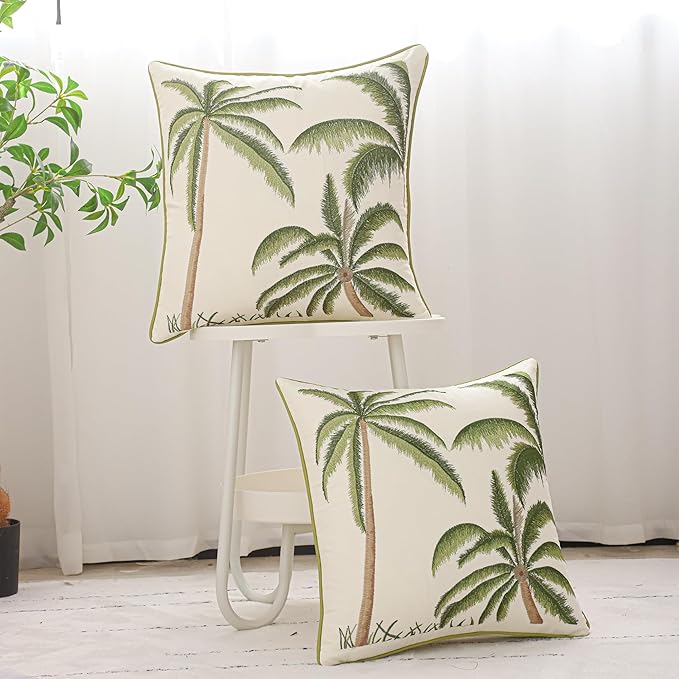 Palm Tree Decor Pillow Covers 18x18 Pack of 2 Boho Tropical Embroidered Throw Pillow Covers Summer Cushions Cases Farmhouse Square Pillowcases Spring Home Decor for Sofa Bed Living Room,Green