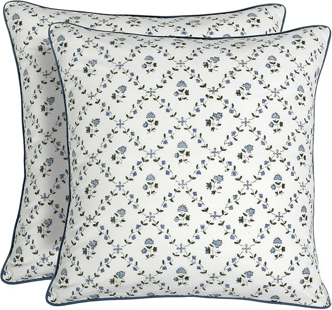 Ridhi Block Print Powder Blue Pillow Cover 16" x 16" (Pack of 2) Decorative Couch Pillows for Living Room, Chic Boho Cute Outdoor Pillows Covers Gifts for Spring, Easter and Valentine