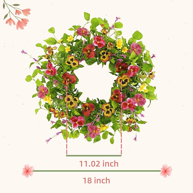 YNYLCHMX 18" Spring Summer Wreaths for Front Door, Artificial Floral Wreath with Ivy Leaves Daisies Pansies Rose Leaves, Green Foliage Wreath for Wall Window Farmhouse Party Holiday Home Decor