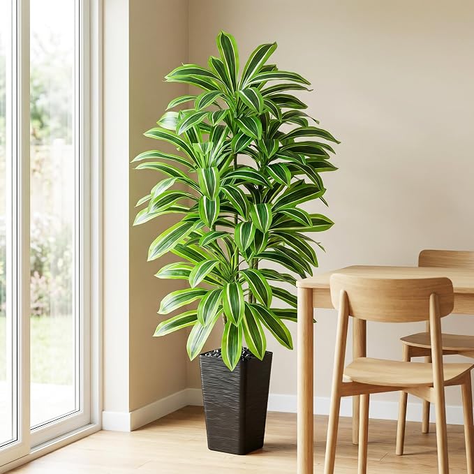 Artificial Dracaena Tree：5FT Faux Silk Tropical Yucca Floor Trees Realistic Fake Green Plant with Natural Wood Trunk & Lifelike Leaves for Home Office Decor Indoor & Outdoor (5FT,1-Pack,Black)